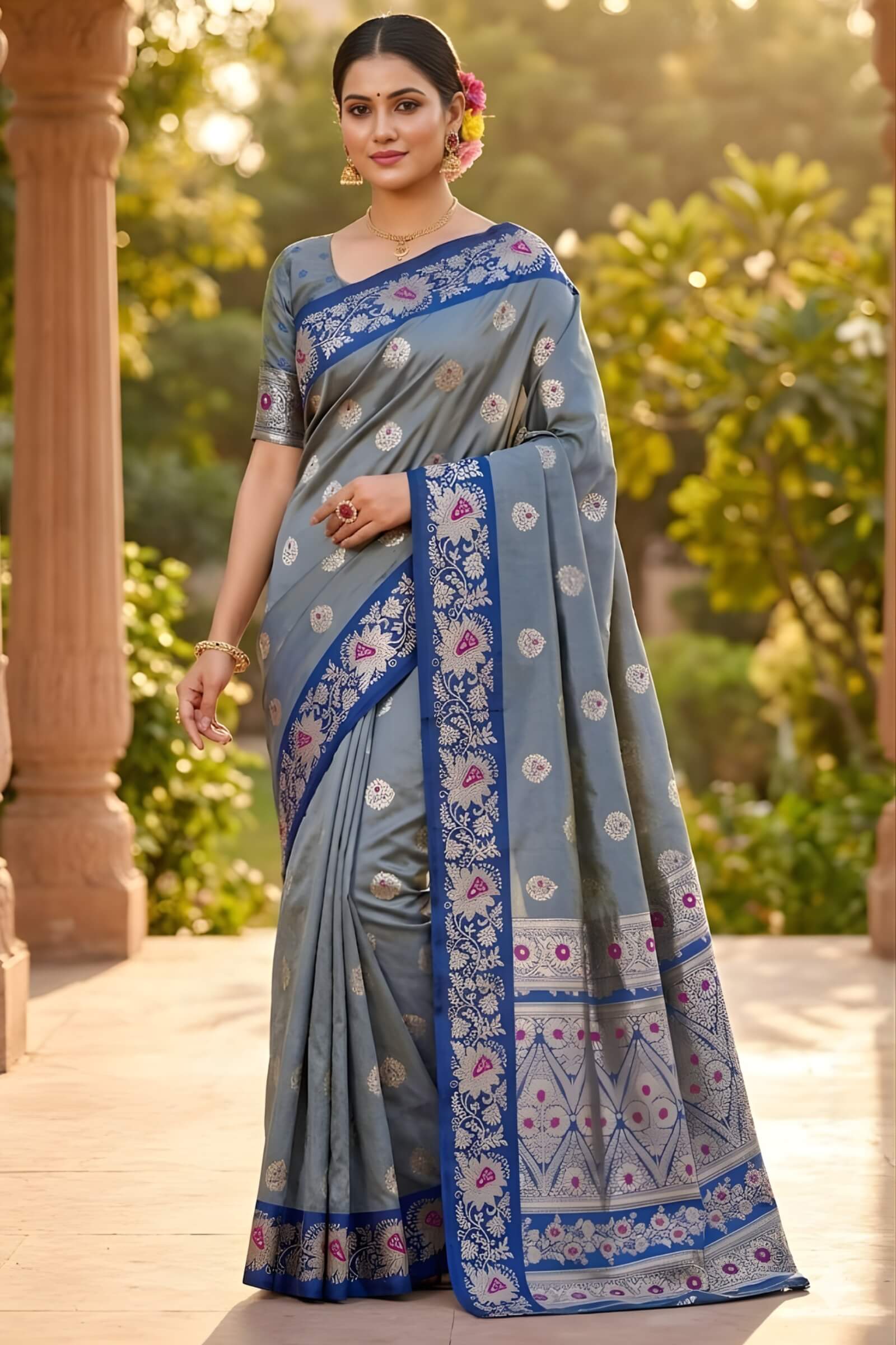 Groovy Blue Pure Zari Weaving Banarasi Silk Saree With Ephemeral Blouse Piece