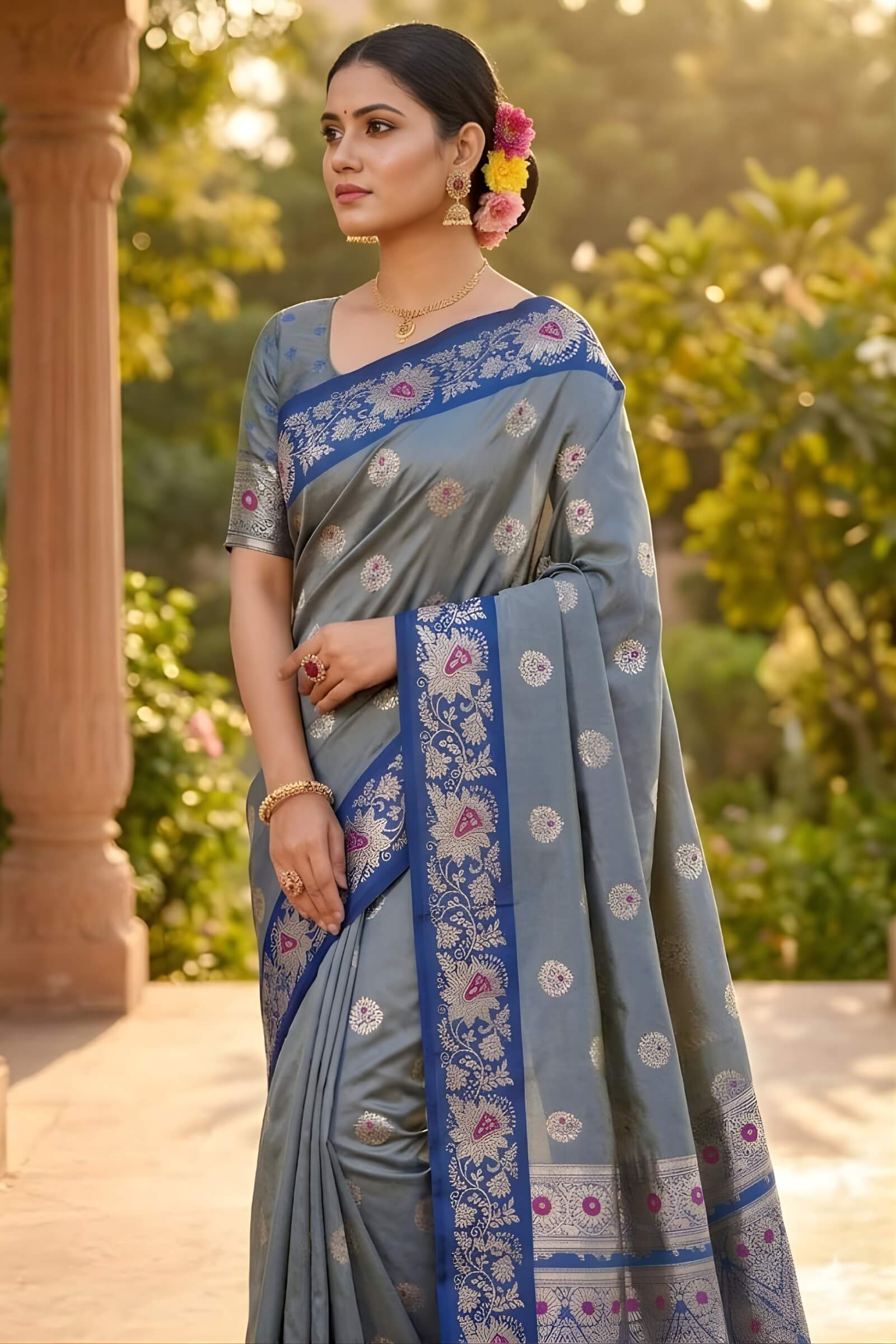 Groovy Blue Pure Zari Weaving Banarasi Silk Saree With Ephemeral Blouse Piece - Image 3