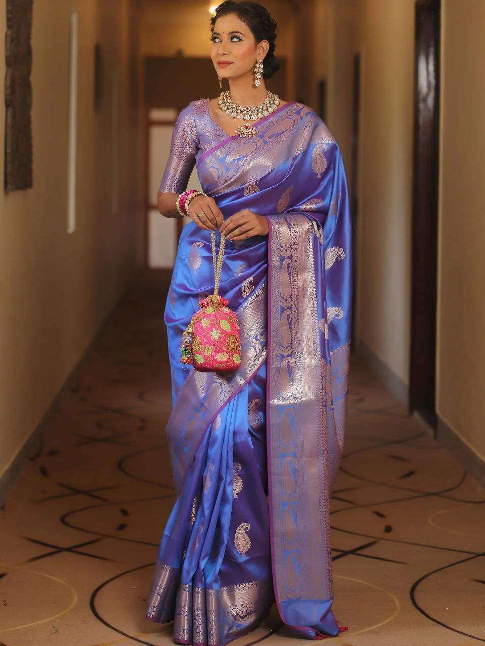 Groovy Blue Soft Banarasi Silk Saree With Artistic Blouse Piece - Image 5