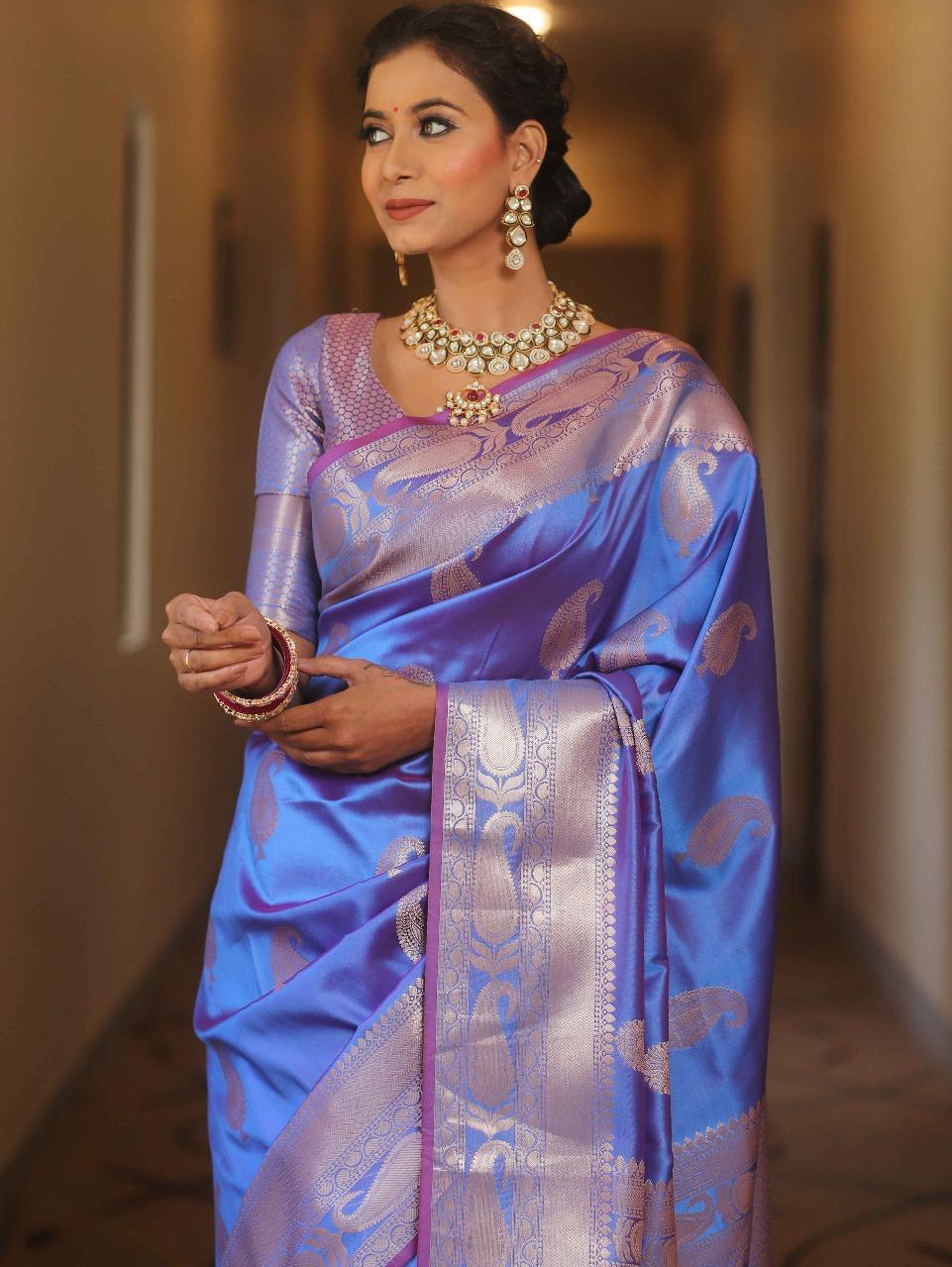 Groovy Blue Soft Banarasi Silk Saree With Artistic Blouse Piece - Image 6