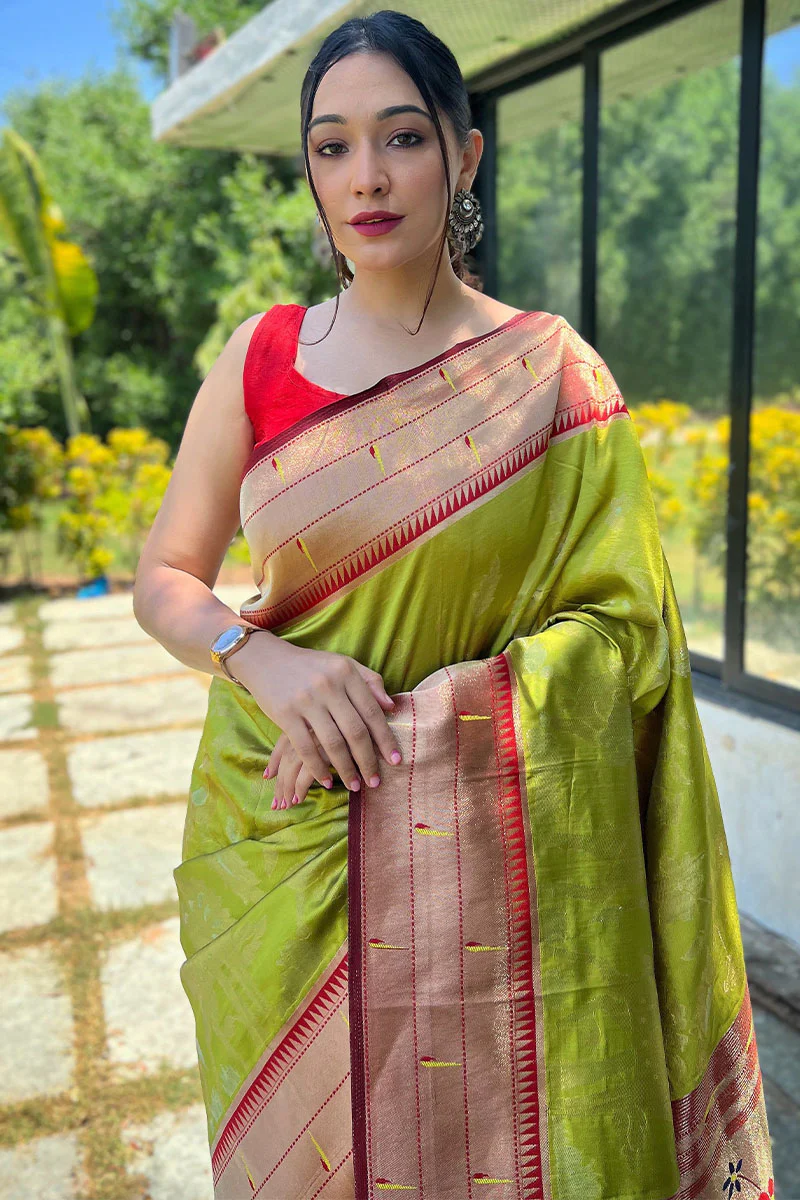 Groovy Mehndi Paithani Silk Saree With Adorable Blouse Piece - Image 2
