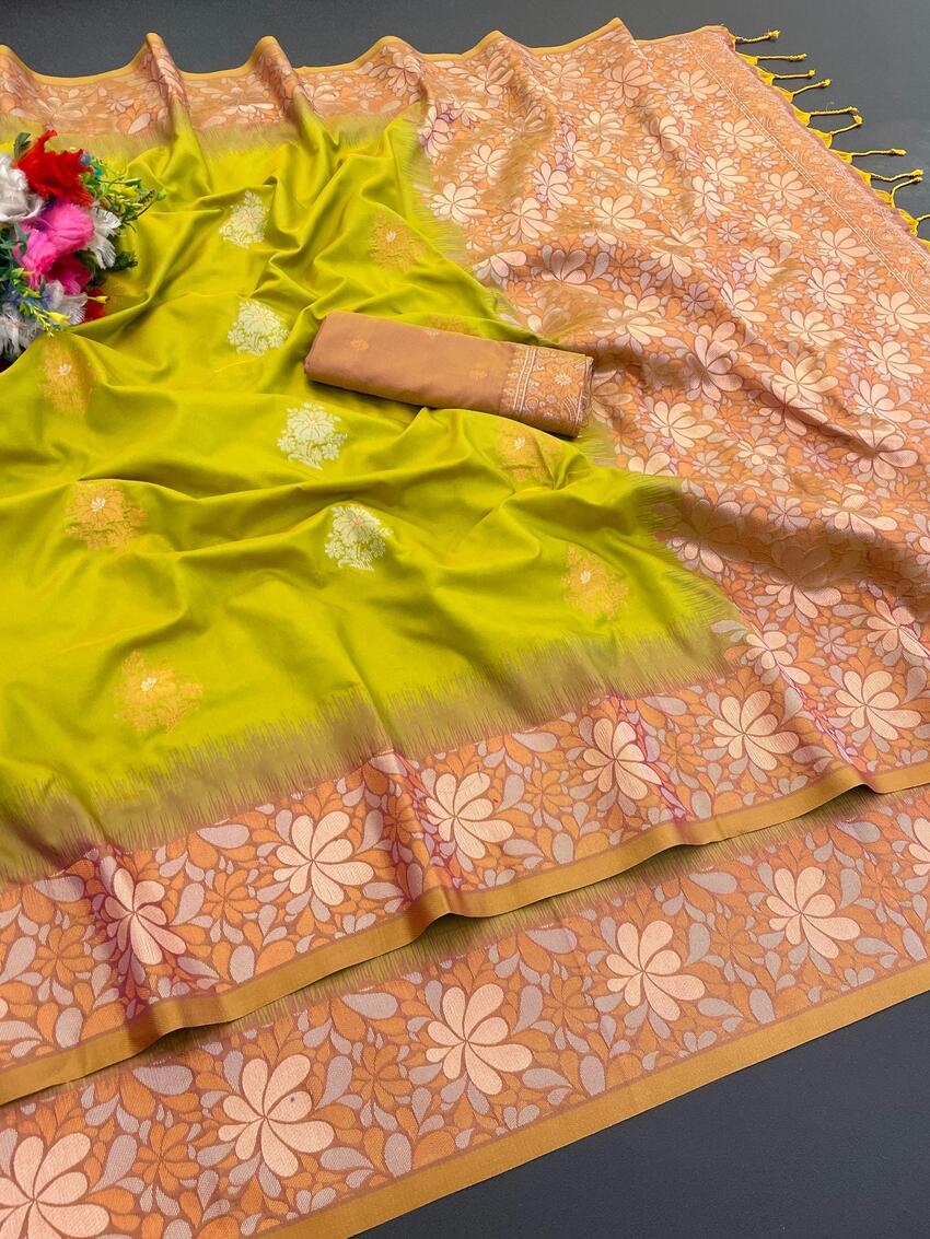 Groovy Mehndi Soft Banarasi Silk Saree With Opulent Blouse Piece - Image 2