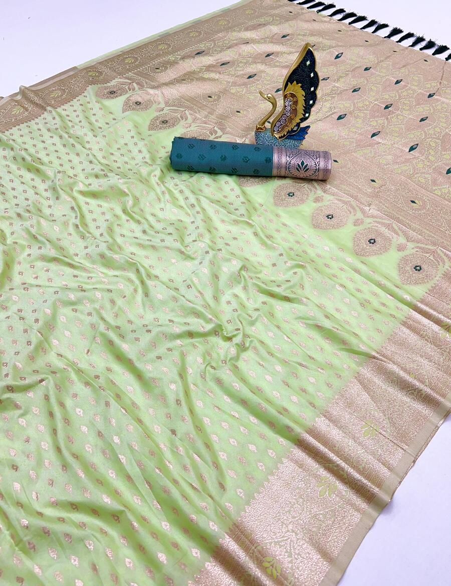 Groovy Pista Soft Banarasi Silk Saree With Diaphanous Blouse Piece - Image 2