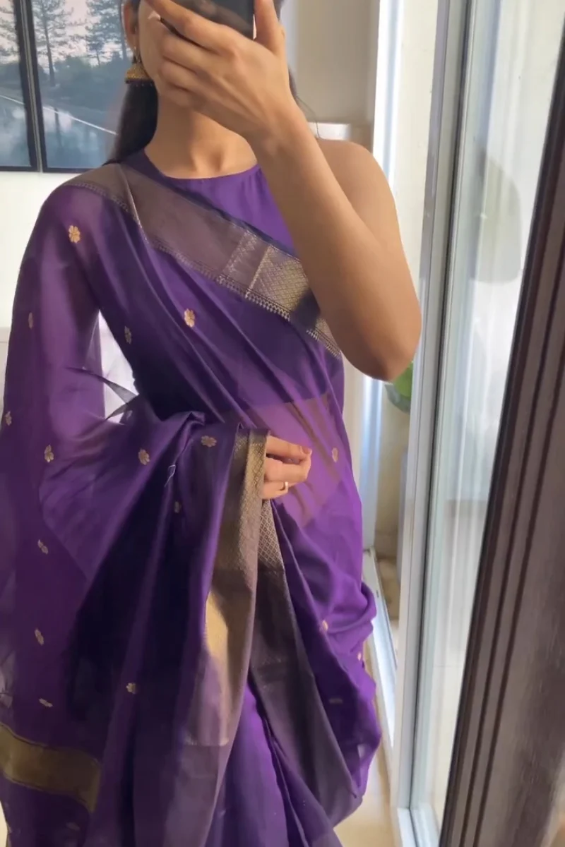 Groovy Purple Cotton Silk Saree With Adoring Blouse Piece - Image 3