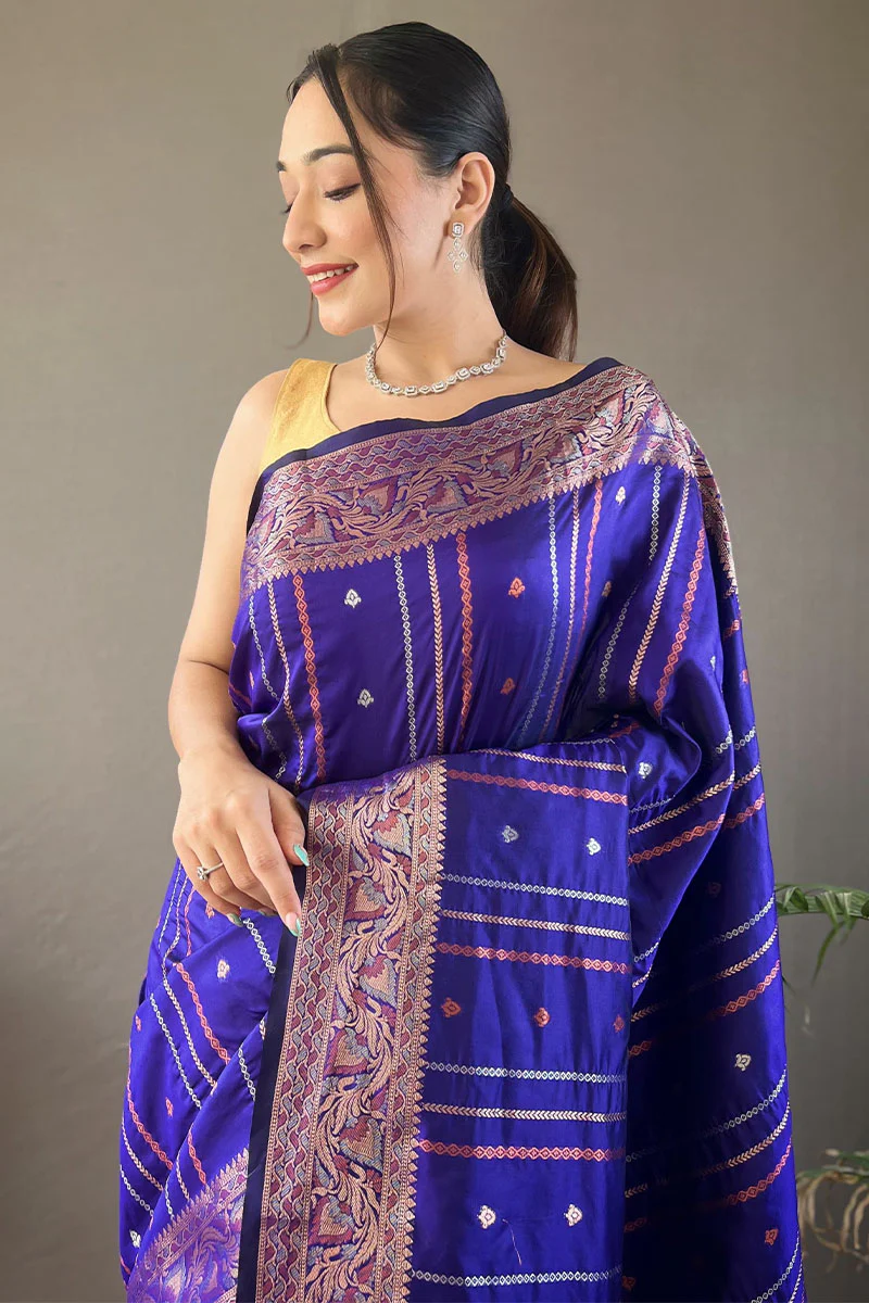 Groovy Royal Blue Soft Banarasi Silk Saree With Blooming Blouse Piece - Image 2