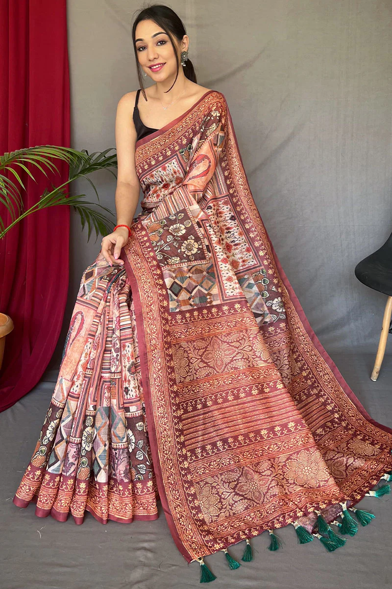 Hypnotic Brown Digital Printed Cotton Silk Saree With Radiant Blouse Piece - Image 3