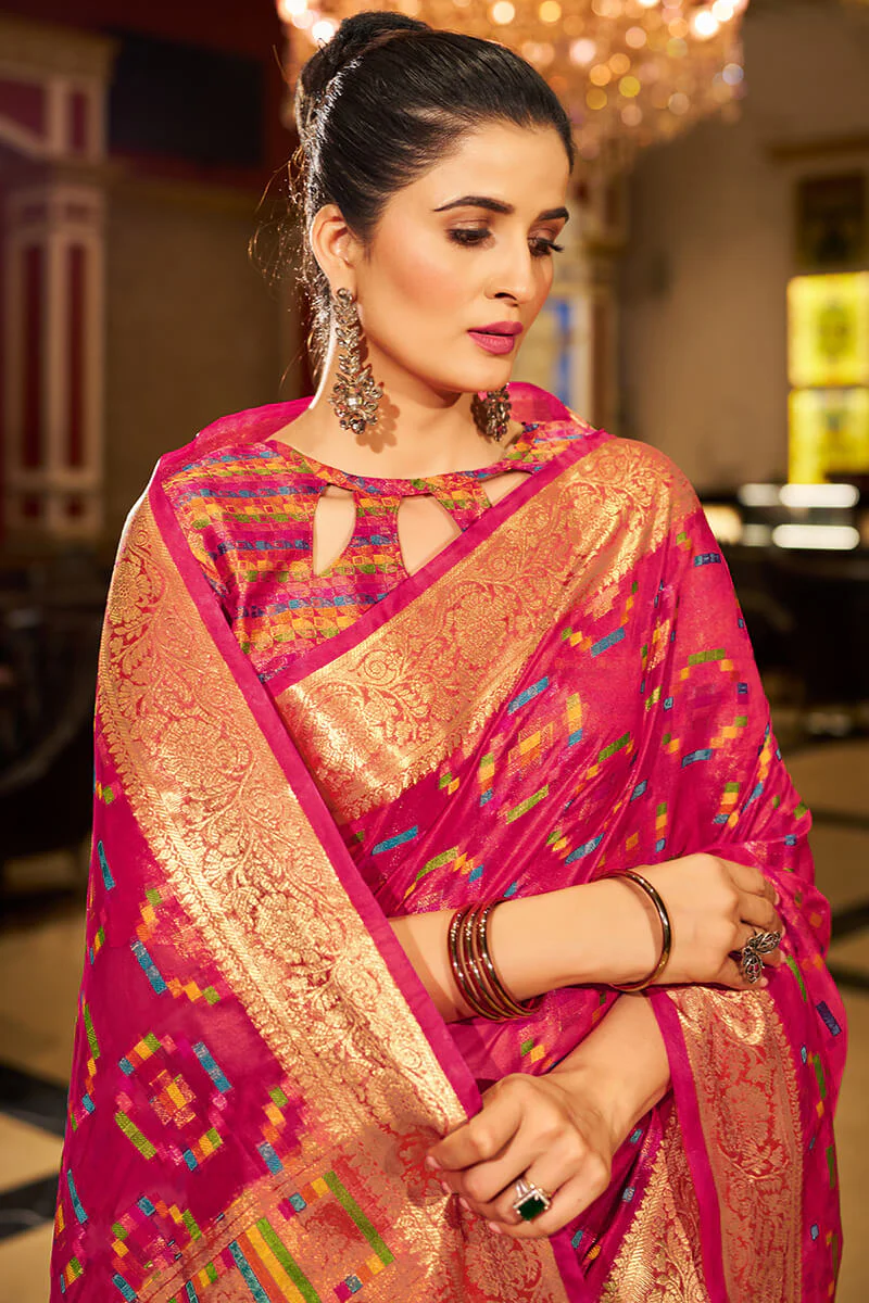 Hypnotic Dark Pink Organza Silk Saree With Demesne Blouse Piece - Image 2