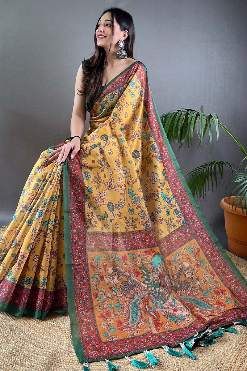 Hypnotic Mustard Kalamkari Printed Saree With Groovy Blouse Piece - Image 3