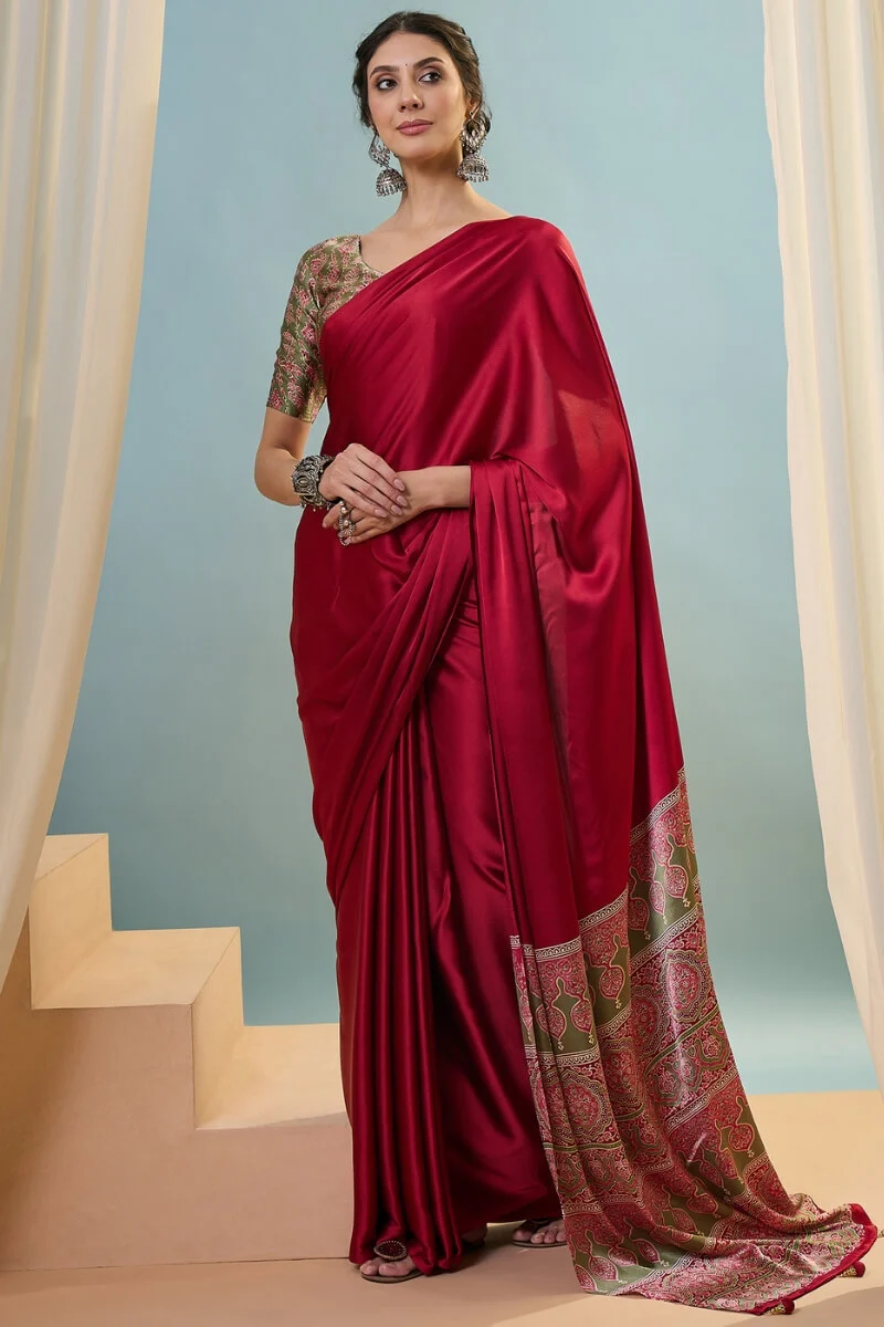 Hypnotic Red Ajrakh Printed Semi Modal Silk Saree With Nemesis Blouse Piece - Image 5
