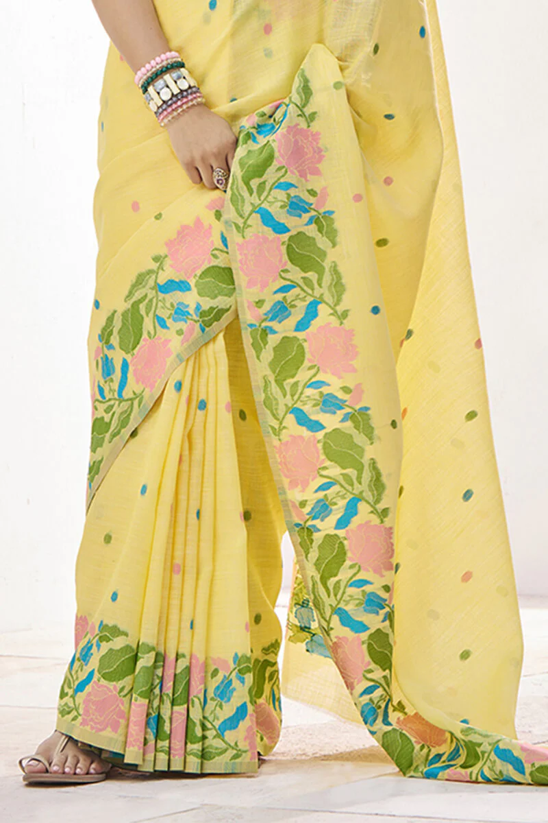 Hypnotic Yellow Cotton Silk Saree With Twirling Blouse Piece - Image 3