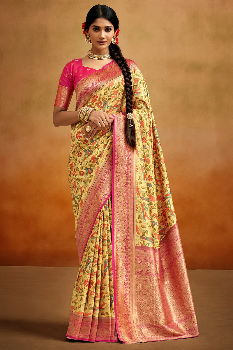 Hypnotic Yellow Kalamkari Printed Saree With Whimsical Blouse Piece