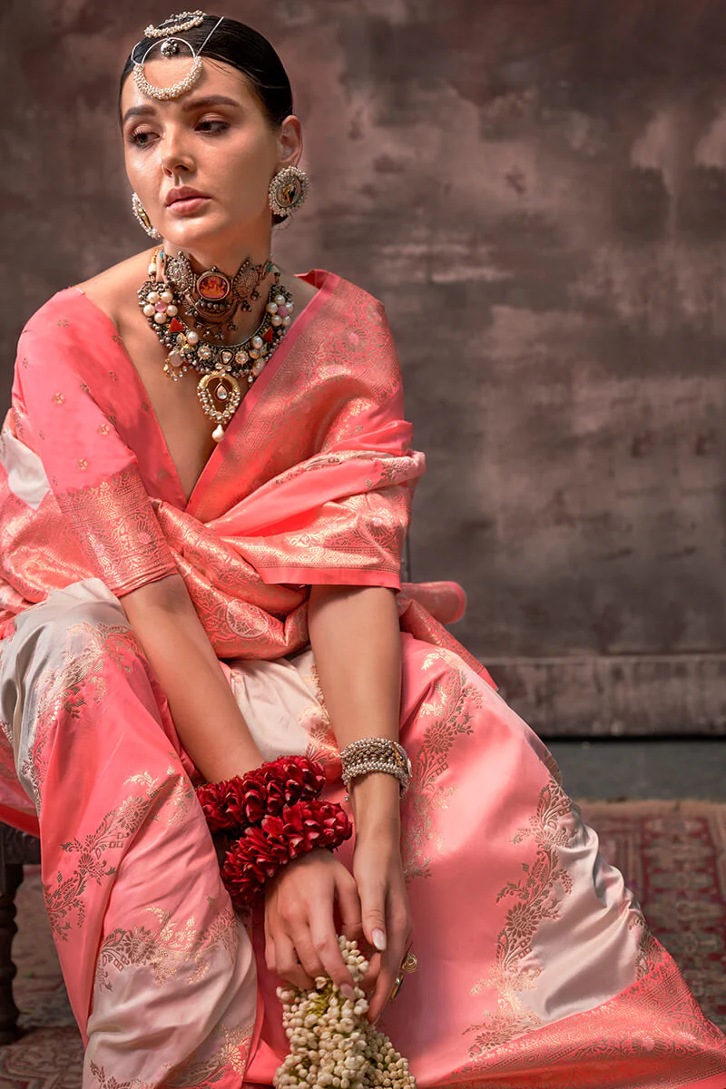 Ideal Baby Pink Soft Banarasi Silk Saree With Exuberant Blouse Piece - Image 2