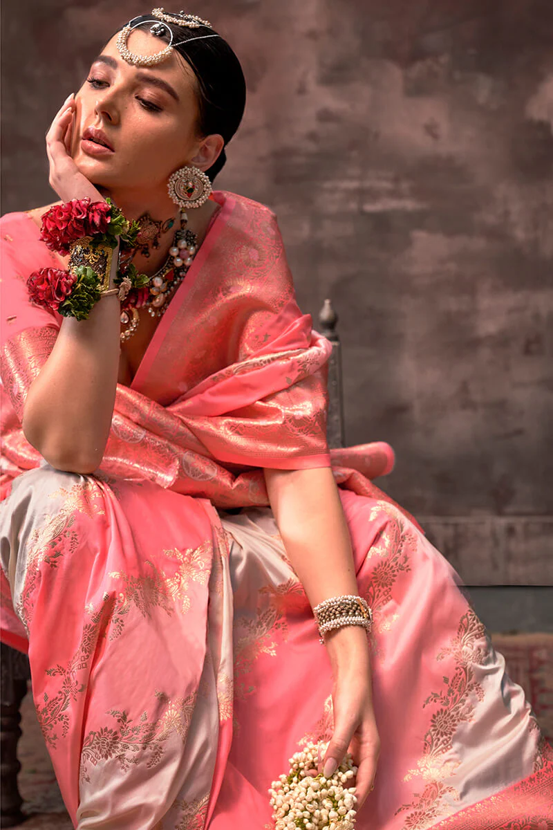 Ideal Baby Pink Soft Banarasi Silk Saree With Exuberant Blouse Piece - Image 3