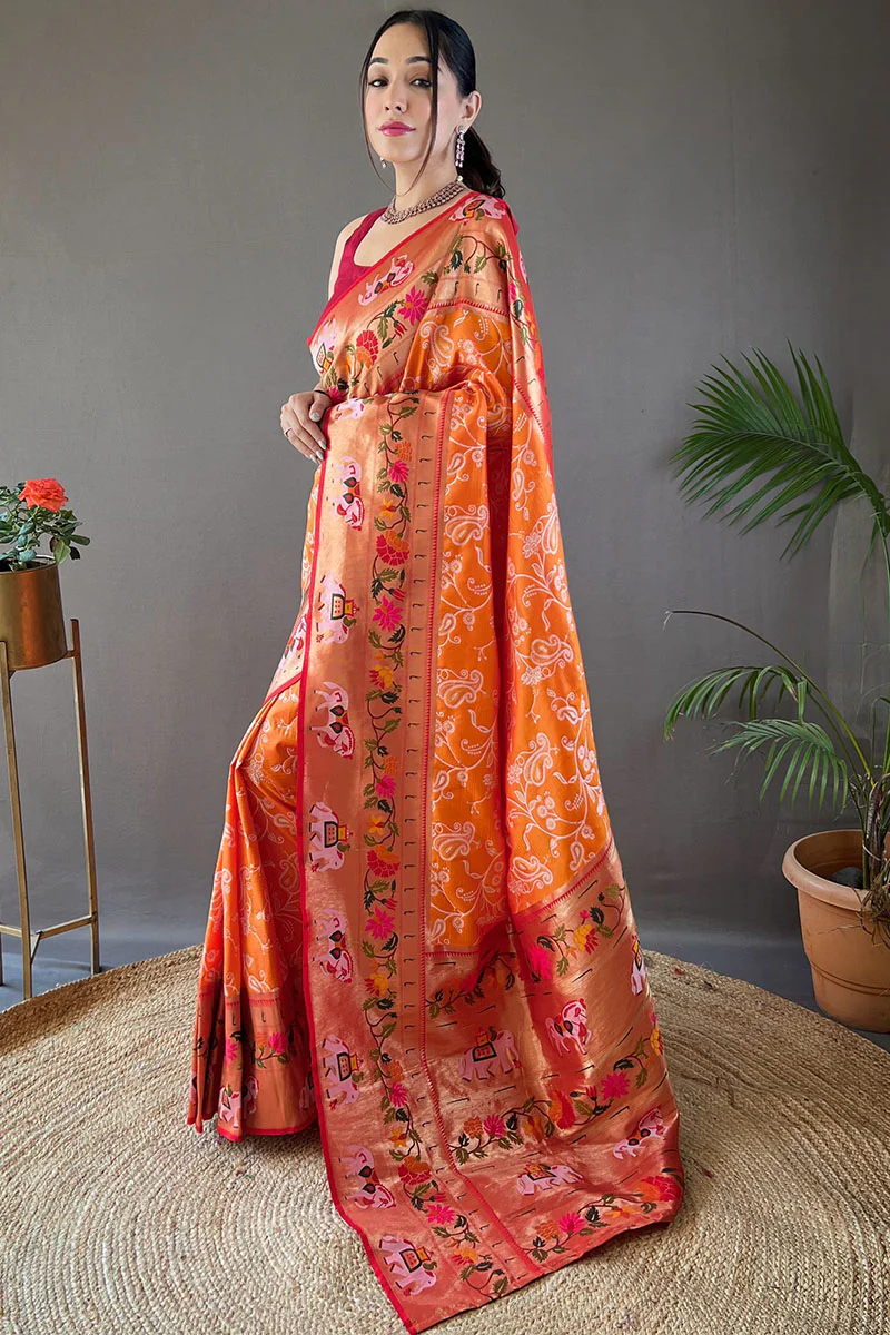Ideal Orange Paithani Silk Saree With Adoring Blouse Piece - Image 3