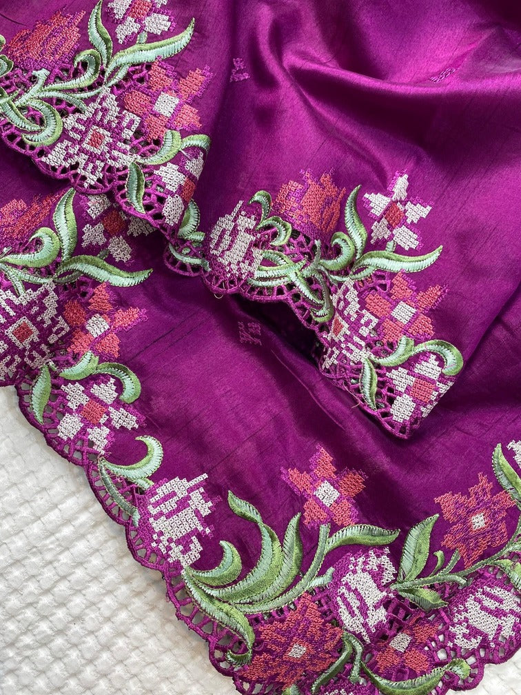 Ideal Purple Embroidery Work Tussar Silk Saree With Comely Blouse Piece - Image 3