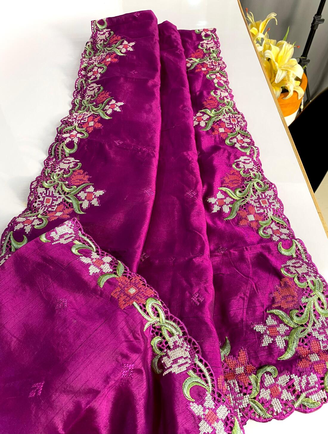 Ideal Purple Embroidery Work Tussar Silk Saree With Comely Blouse Piece - Image 4