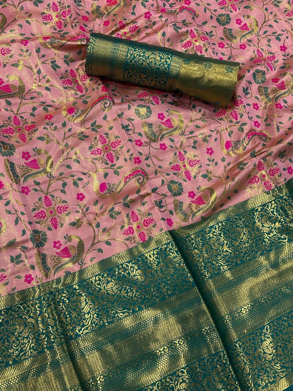 Imaginative Baby Pink Kanjivaram Silk Saree With Ravishing Blouse Piece - Image 3