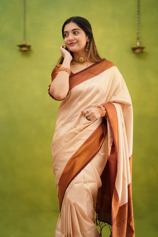 Imaginative Beige Soft Banarasi Silk Saree With Incomparable Blouse Piece - Image 3