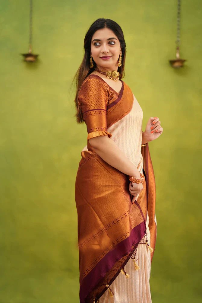 Imaginative Beige Soft Banarasi Silk Saree With Incomparable Blouse Piece - Image 4