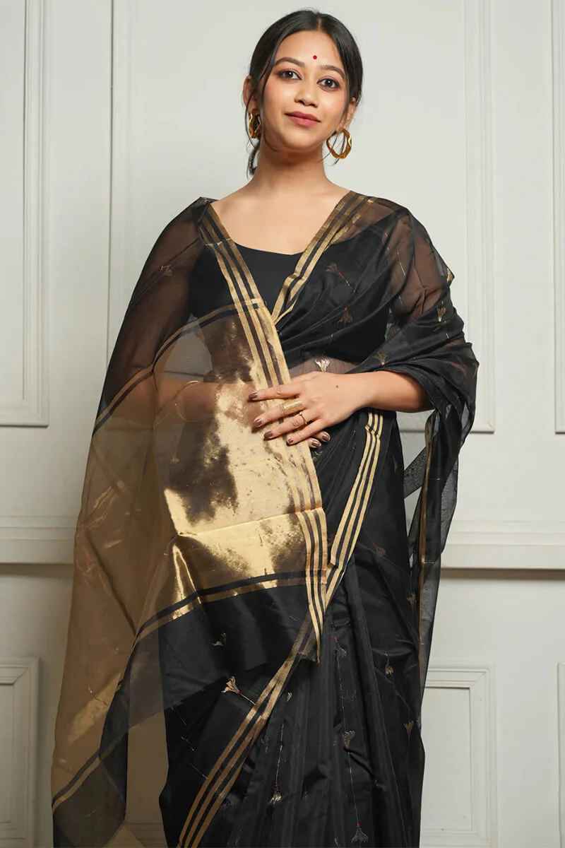Imaginative Black Cotton Silk Saree With Desirable Blouse Piece - Image 2