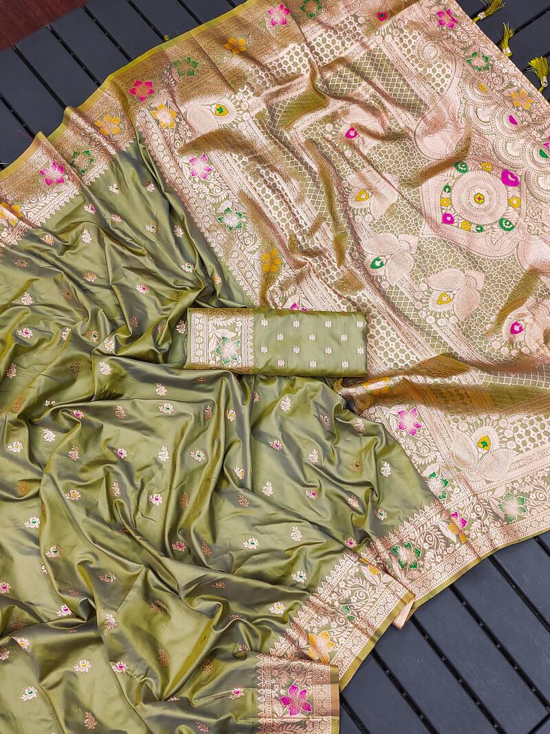 Imaginative Mehndi Soft Banarasi Silk Saree With Glittering Blouse Piece - Image 3