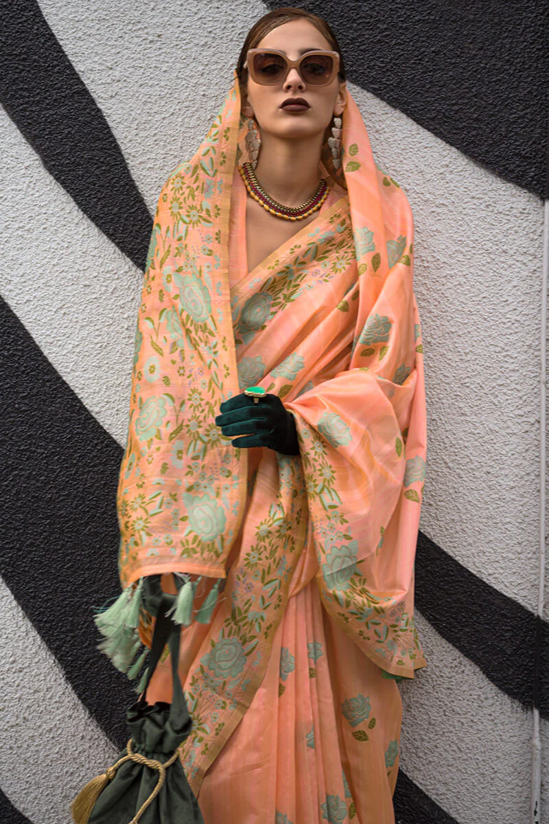 Imaginative Orange Parsi Handloom Woven Banarasi Silk Saree With Blouse Piece - Image 2