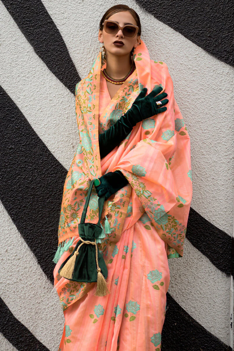 Imaginative Orange Parsi Handloom Woven Banarasi Silk Saree With Blouse Piece - Image 3