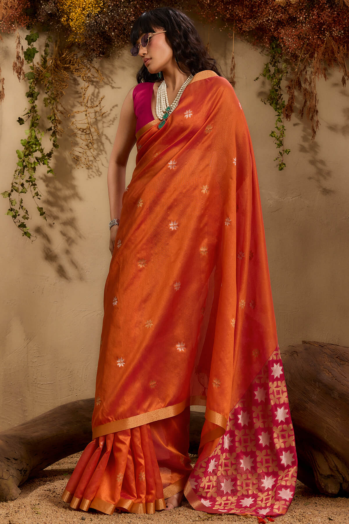 Imaginative Orange Pure Zari Weaving Banarasi Tussar Silk Saree With Admirable Blouse Piece - Image 5