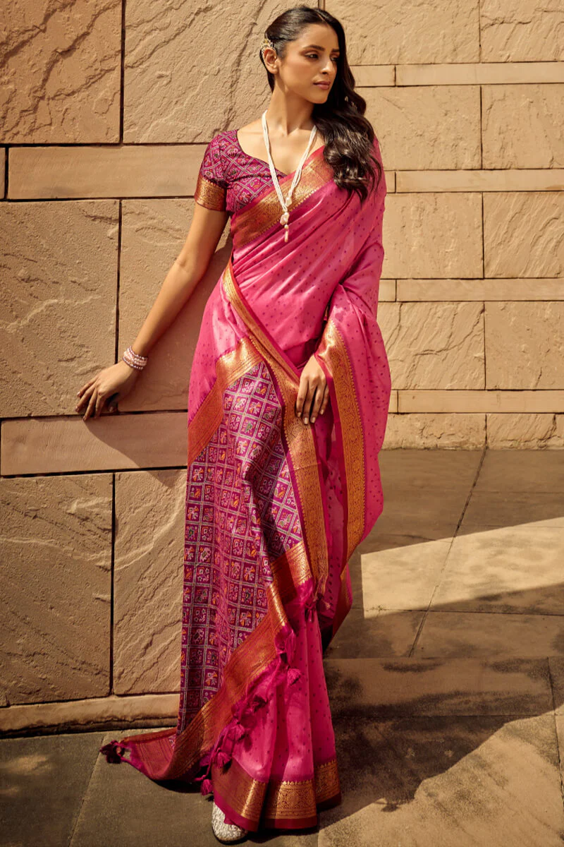 Imaginative Pink Patola Silk Saree with Imaginative Blouse Piece - Image 3