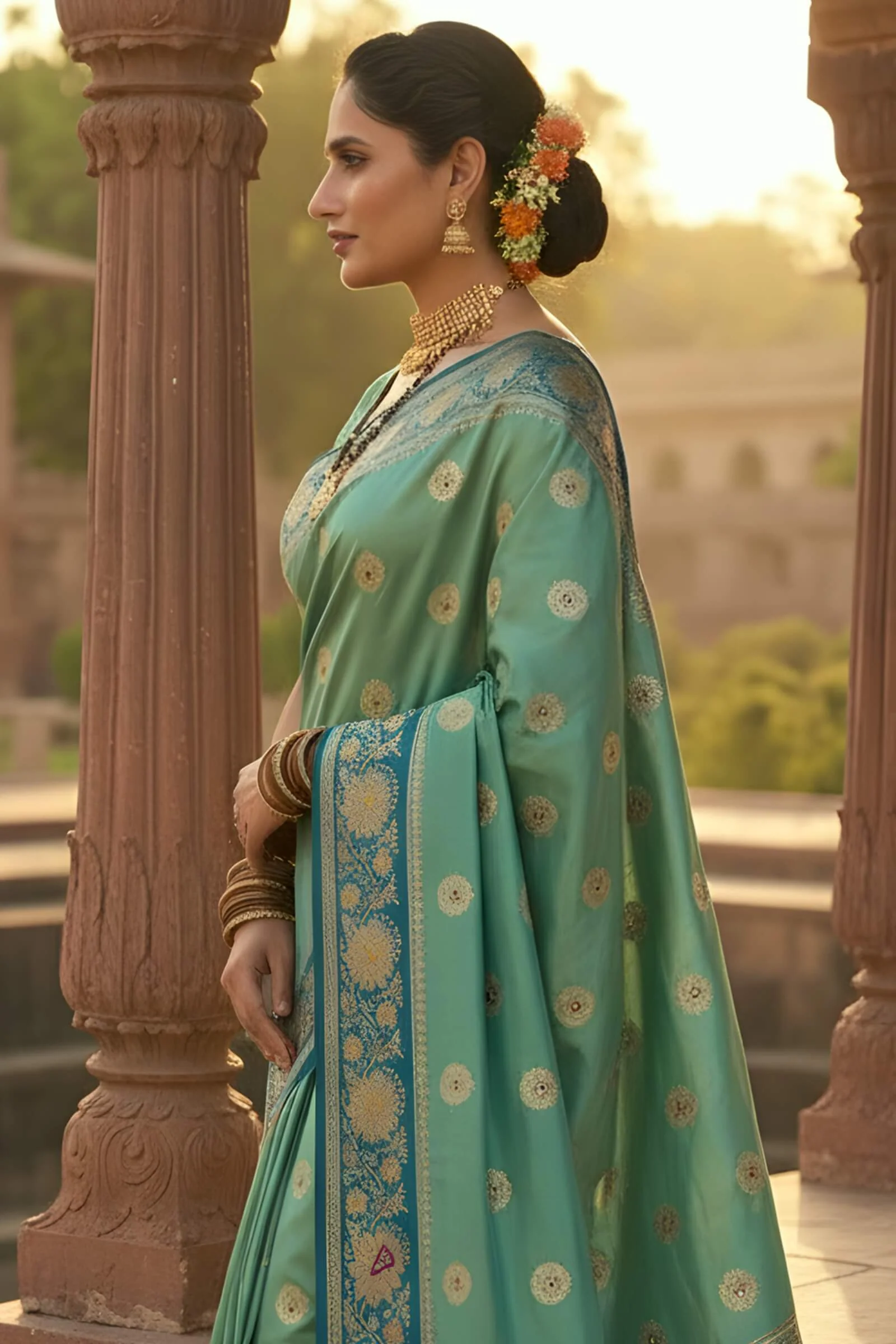 Imaginative Sea Green Pure Zari Weaving Banarasi Silk Saree With Stunning Blouse Piece - Image 3