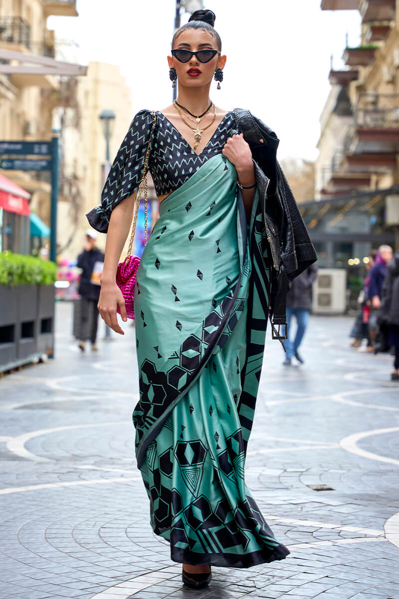 Imaginative Turquoise Digital Printed Satin Silk Saree With Splendiferous Blouse Piece - Image 3