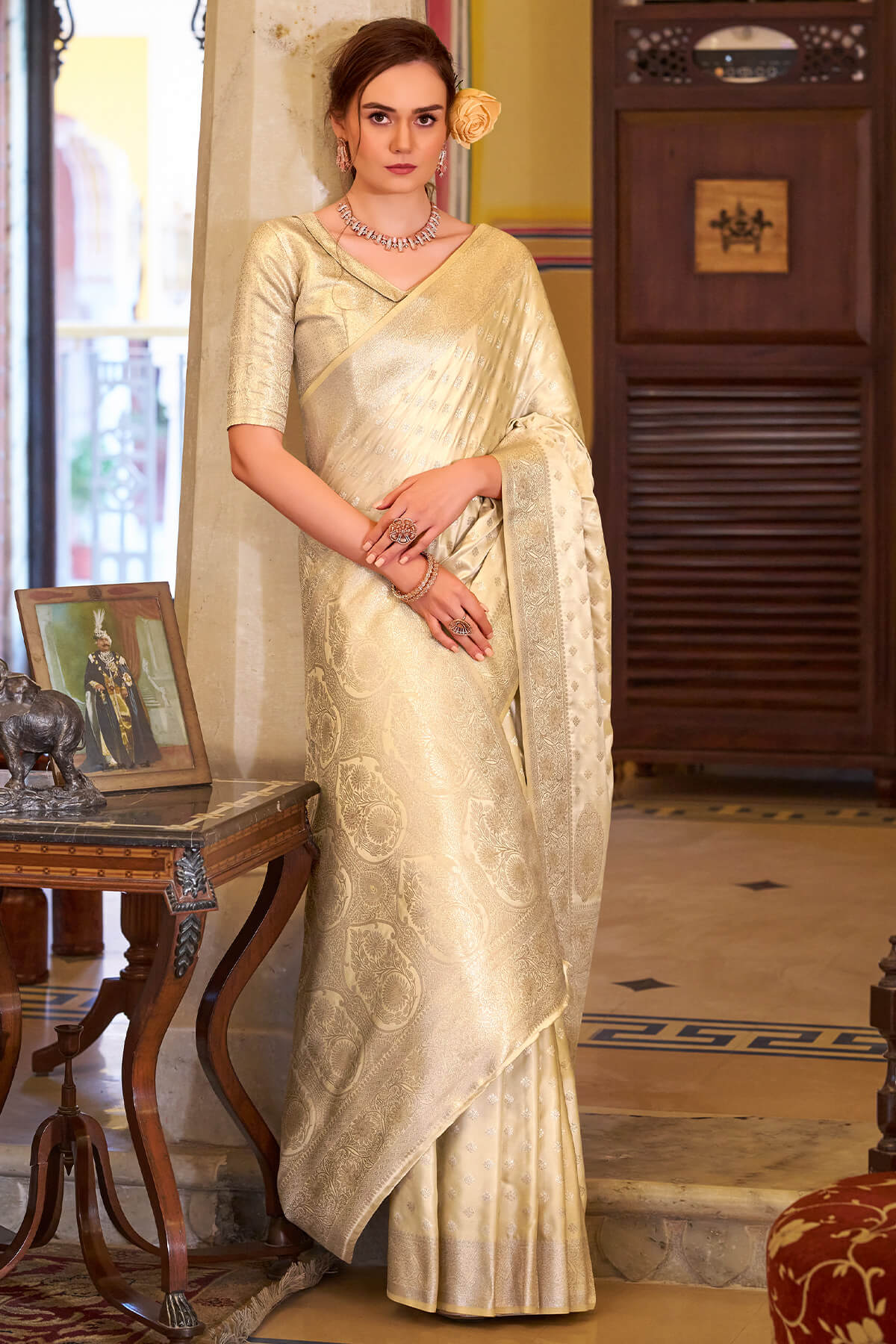 Imbrication Beige Banarasi Satin Silk Saree With Smashing Blouse - Image 3