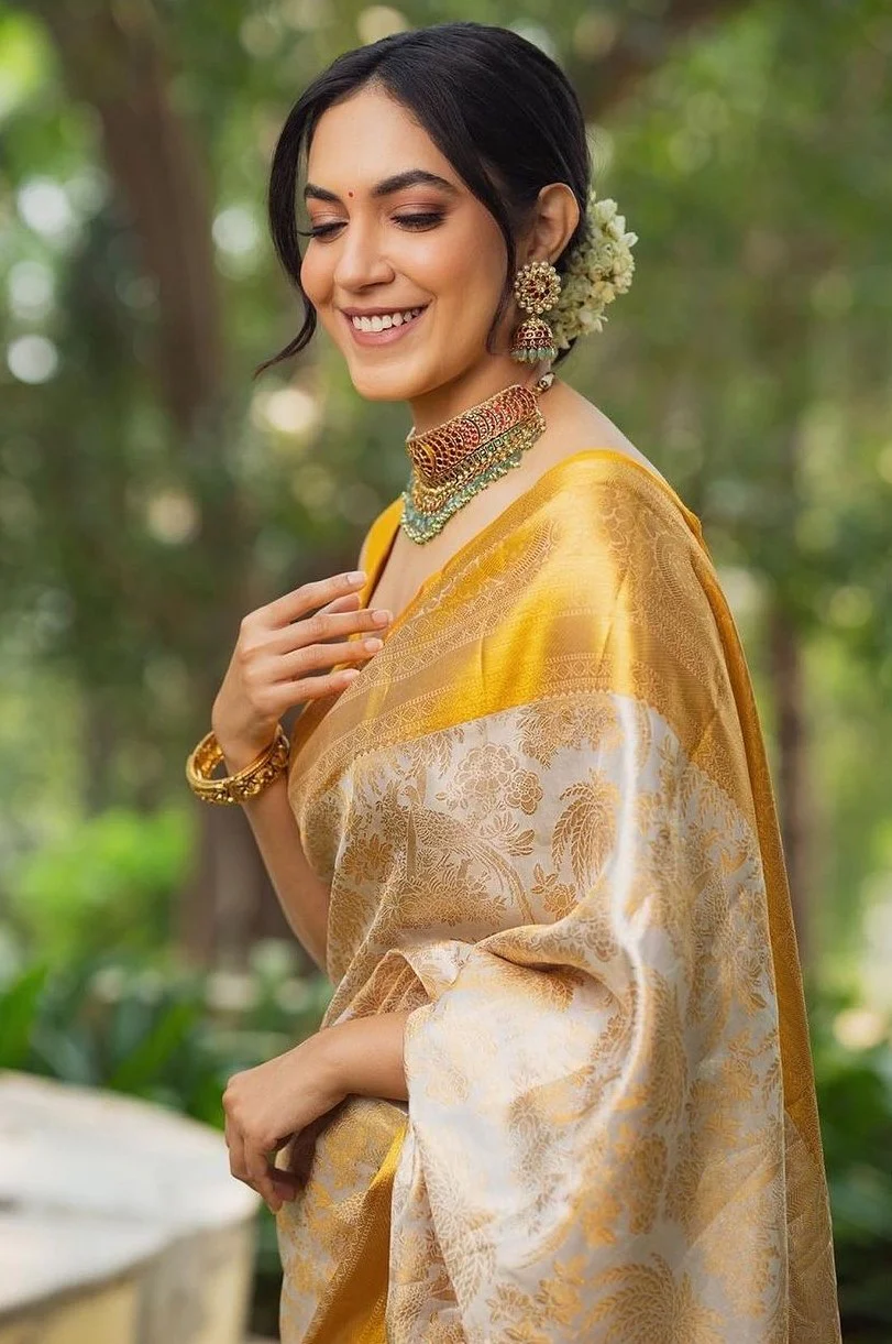 Imbrication Beige Soft Silk Saree With Embellished Blouse Piece - Image 3