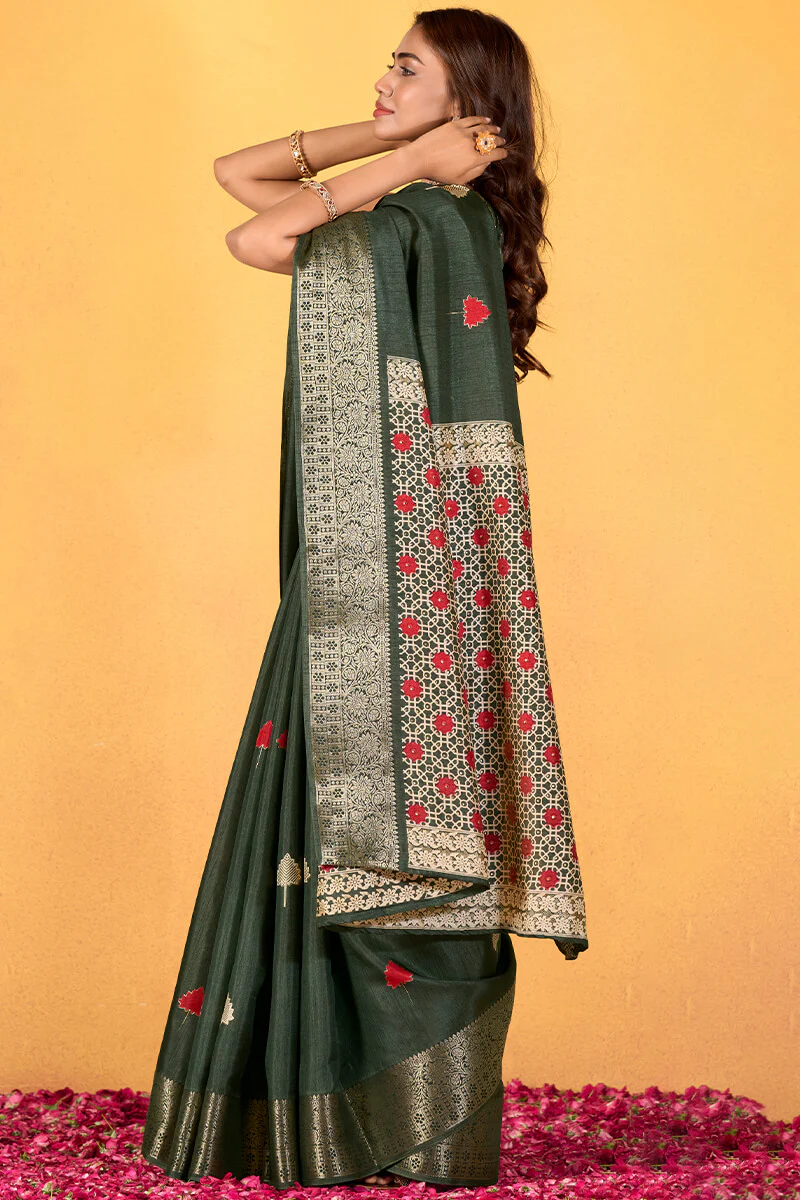 Imbrication Dark Green Foil Printed Dola Silk Saree With Susurrous Blouse Piece - Image 4