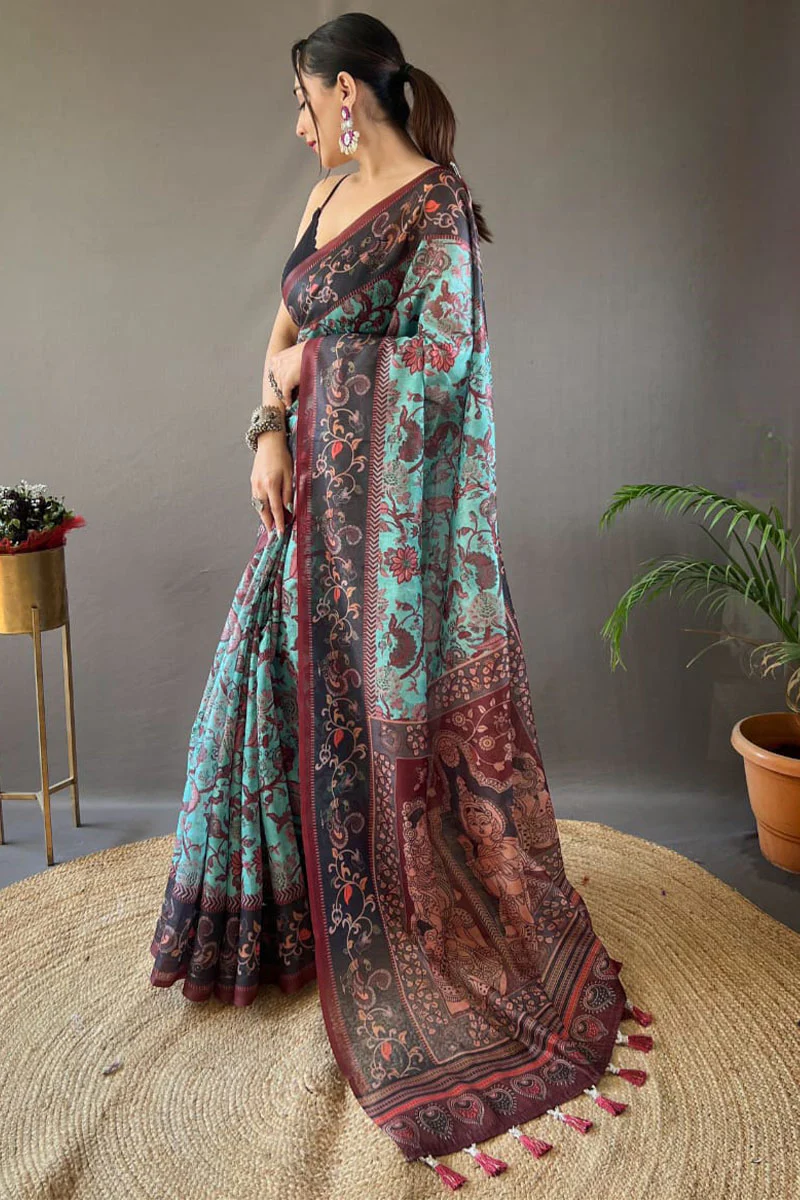 Imbrication Firozi Digital Printed Cotton Silk Saree With Epiphany Blouse Piece - Image 3