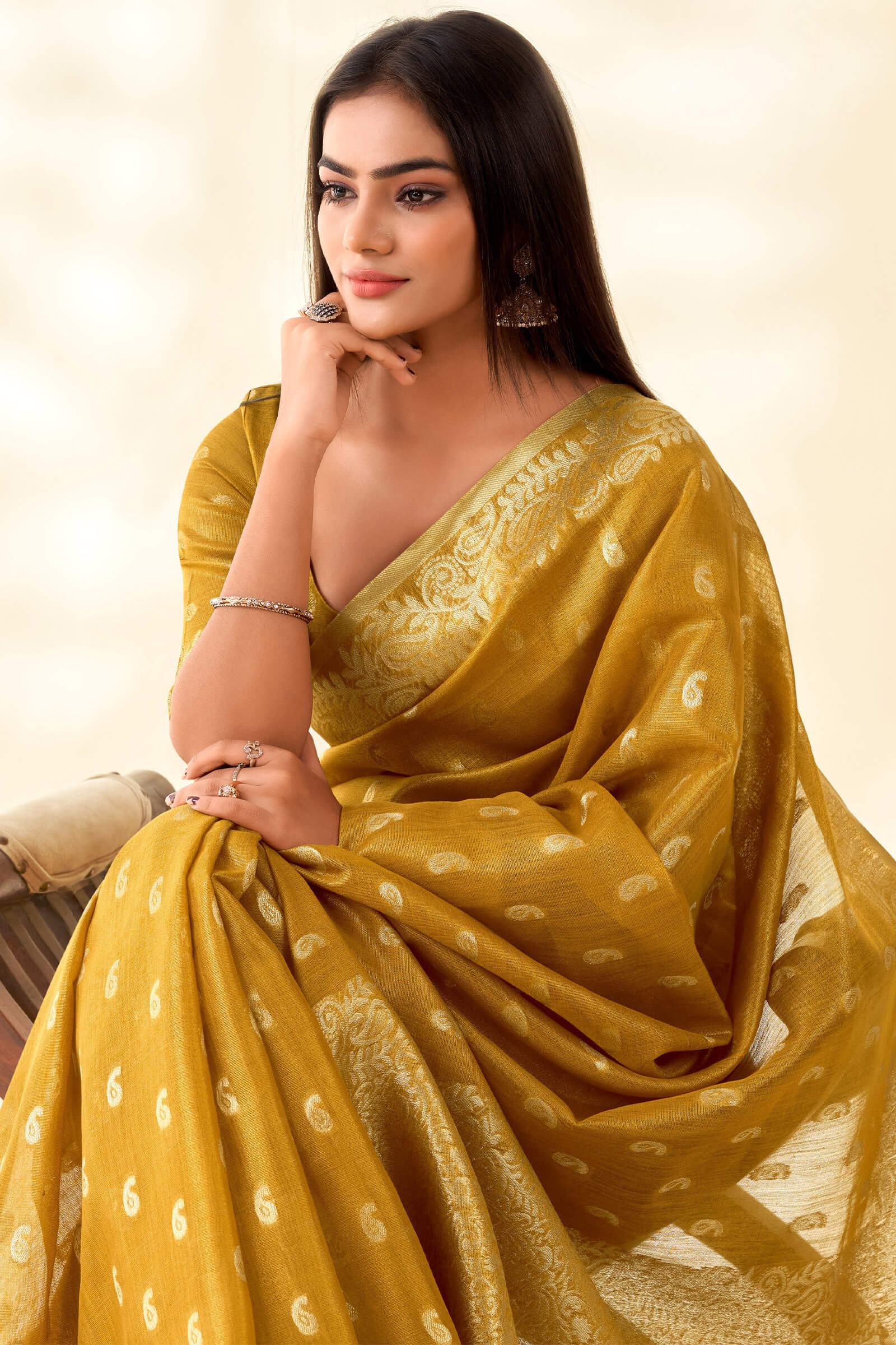Imbrication Mustard Soft Banarasi Tissue Silk Saree With Demure Blouse Piece - Image 2