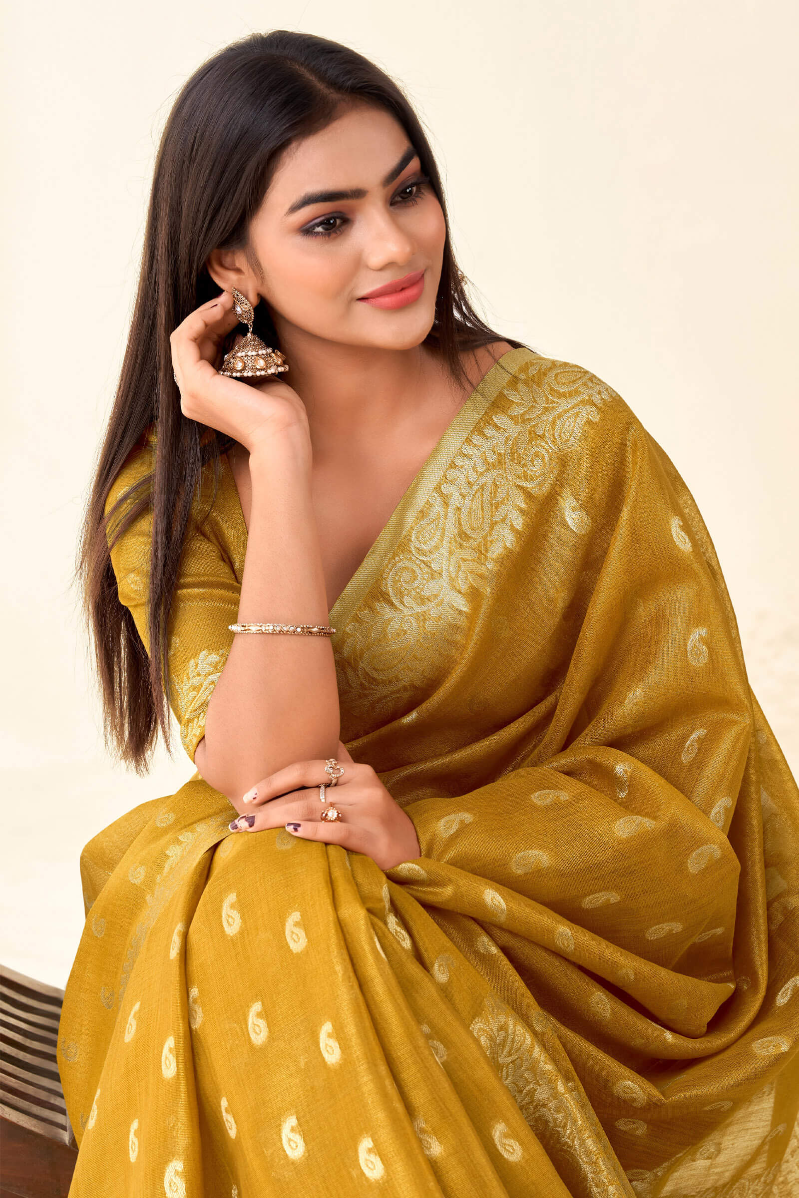 Imbrication Mustard Soft Banarasi Tissue Silk Saree With Demure Blouse Piece - Image 4