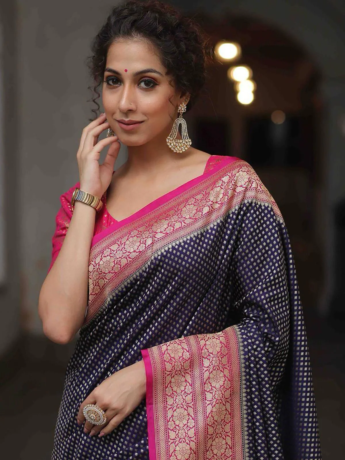 Imbrication Navy Blue Soft Silk Saree With Ornate Blouse Piece - Image 4