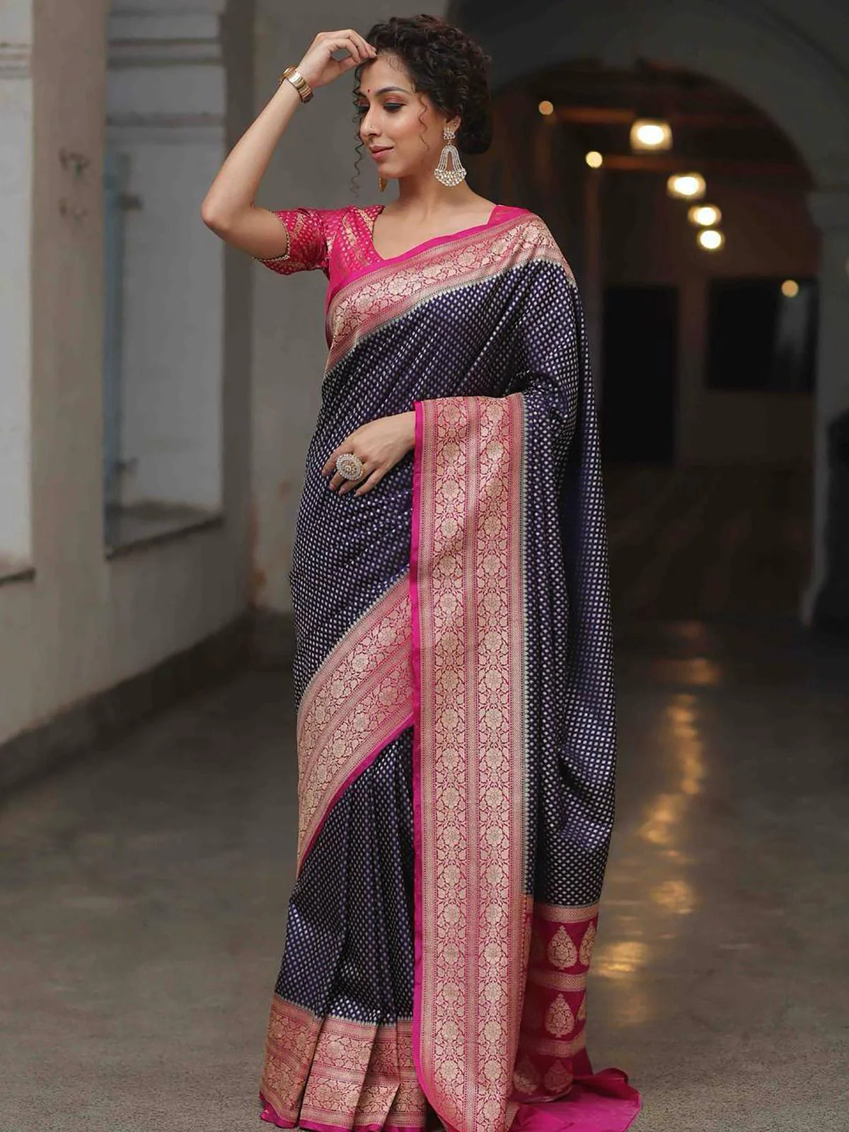 Imbrication Navy Blue Soft Silk Saree With Ornate Blouse Piece - Image 5