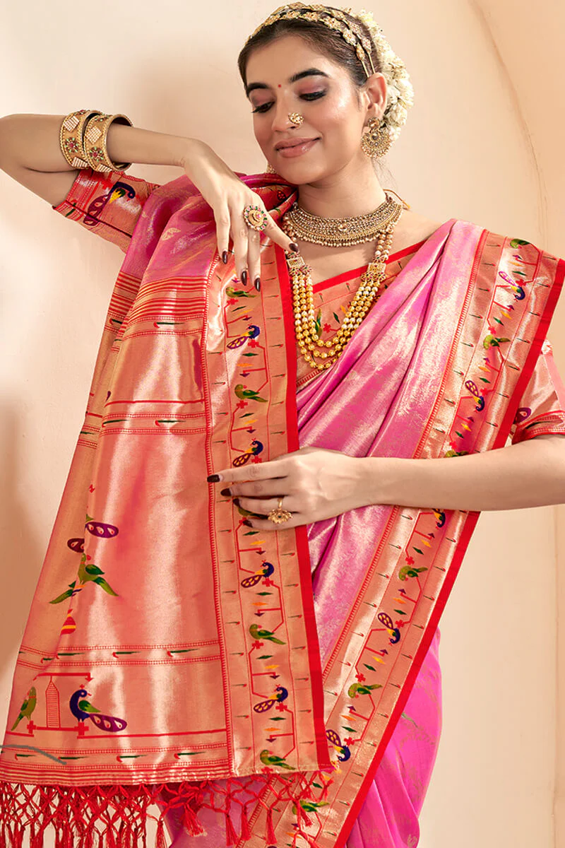 Imbrication Pink Paithani Silk Saree With Efflorescence Blouse Piece - Image 3