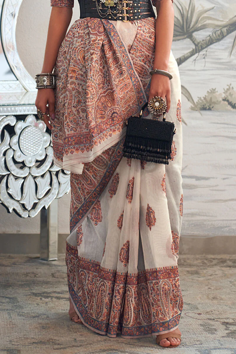 Impressive Beige Pashmina saree With Phenomenal Blouse Piece - Image 3