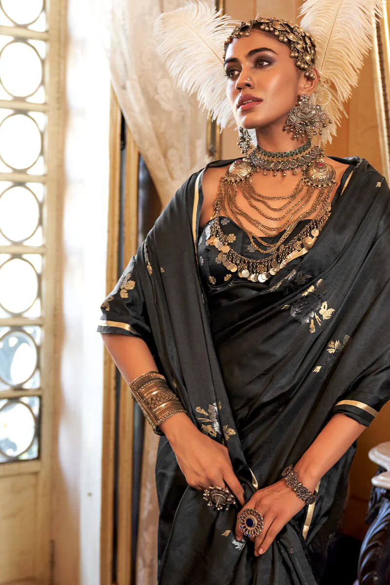 Impressive Black Banarasi Satin Silk Saree With Hypnotic Blouse - Image 2