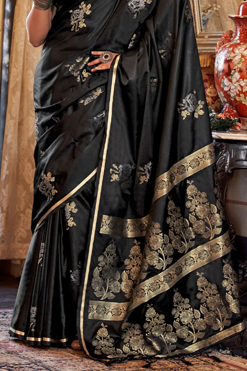 Impressive Black Banarasi Satin Silk Saree With Hypnotic Blouse - Image 3