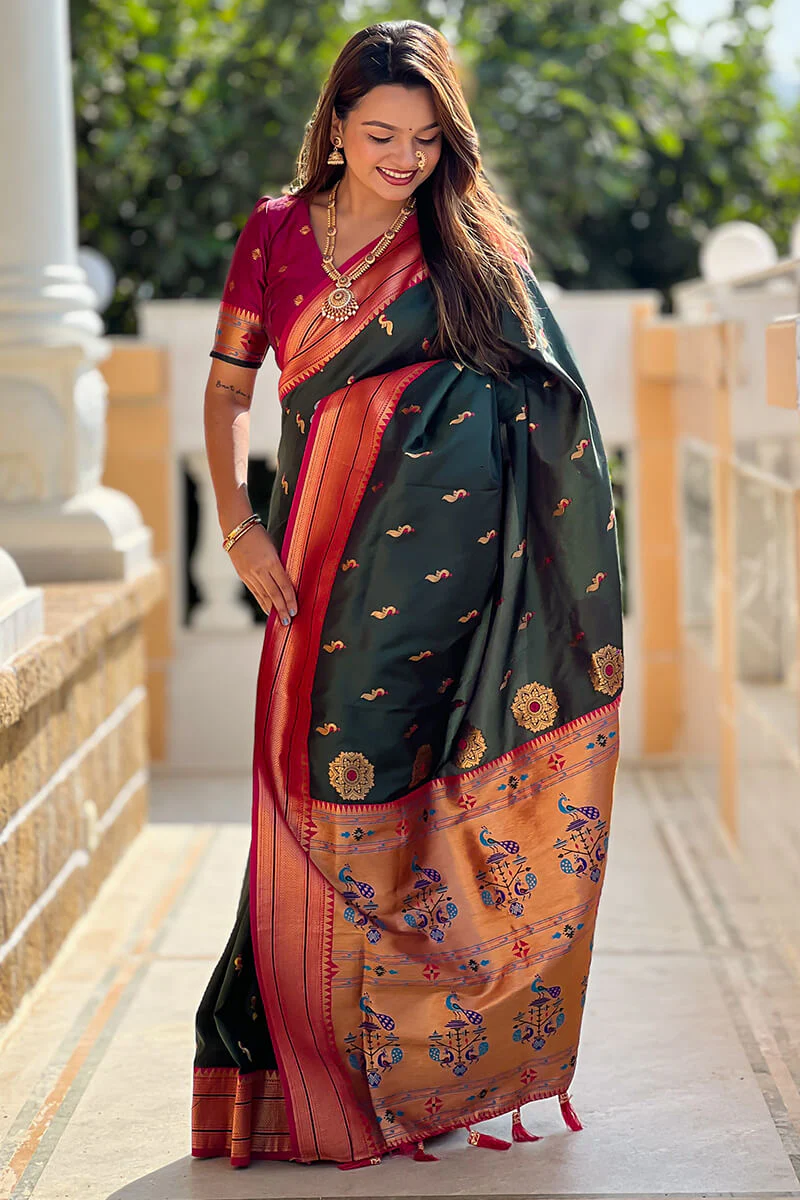Impressive Dark Green Paithani Silk Saree With Adorning Blouse Piece - Image 3