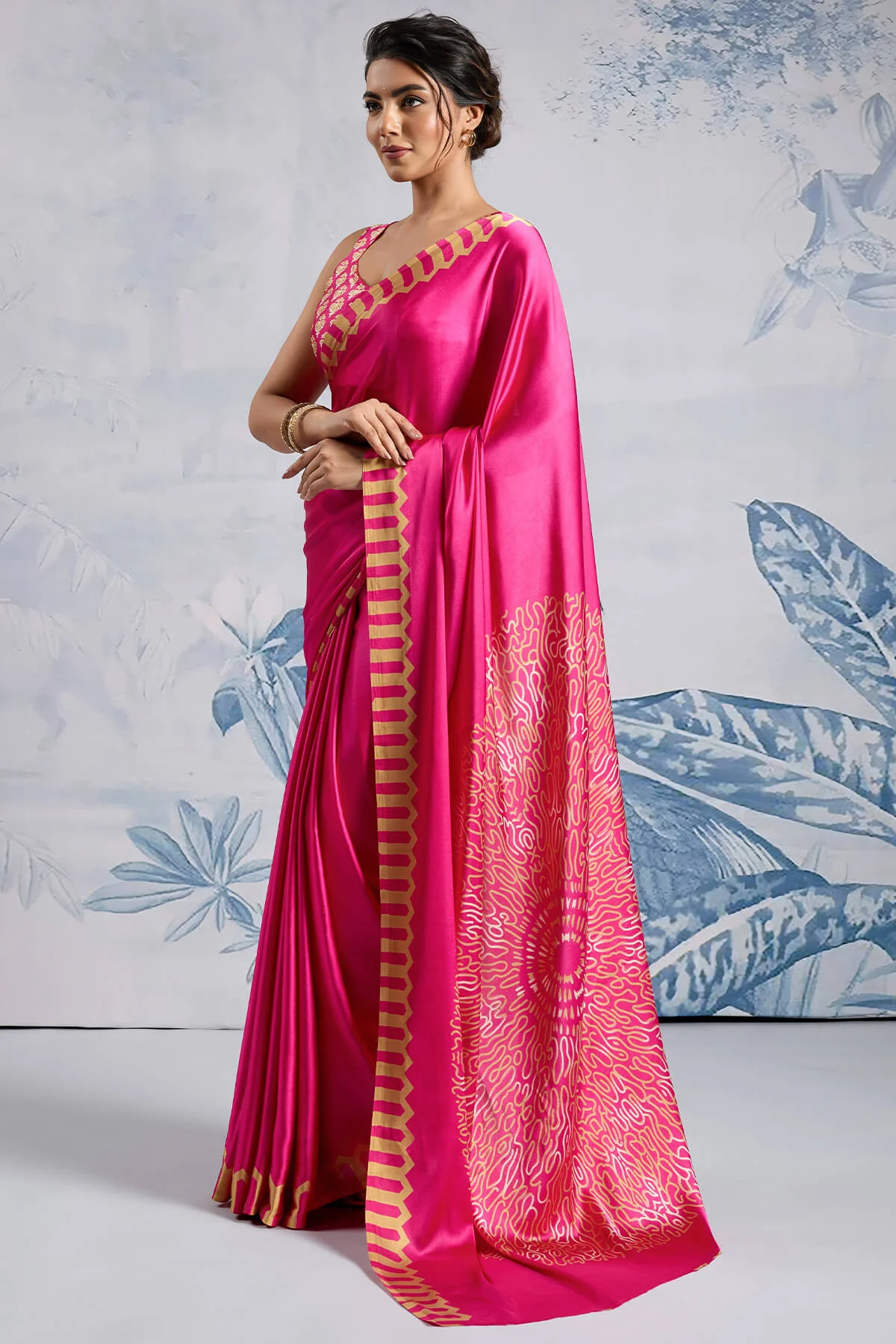 Impressive Dark Pink Ajrakh Printed Satin Silk Saree With Twirling Blouse Piece - Image 3