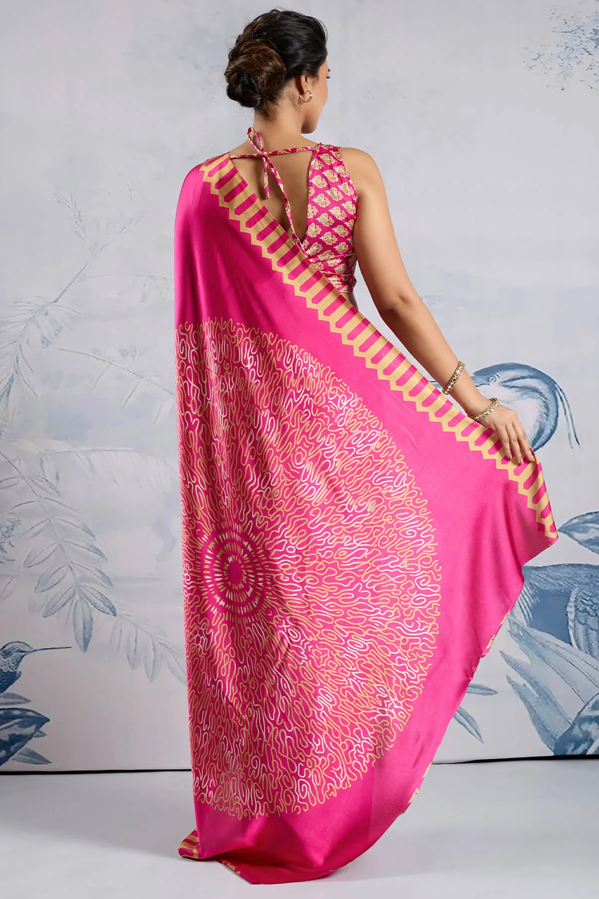 Impressive Dark Pink Ajrakh Printed Satin Silk Saree With Twirling Blouse Piece - Image 6