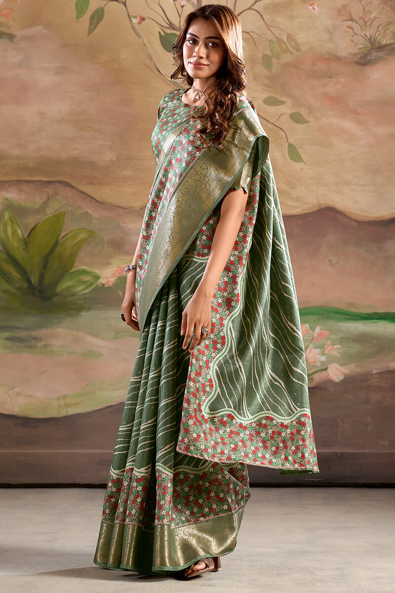 Impressive Green Digital Printed Dola Silk Saree With Twirling Blouse Piece - Image 4