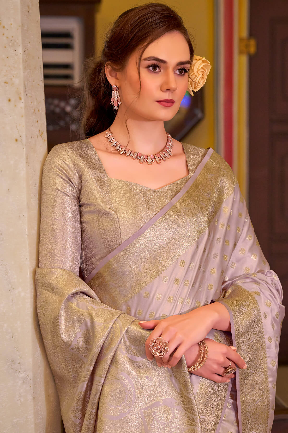 Impressive Lavender Banarasi Satin Silk Saree With Desirable Blouse - Image 2