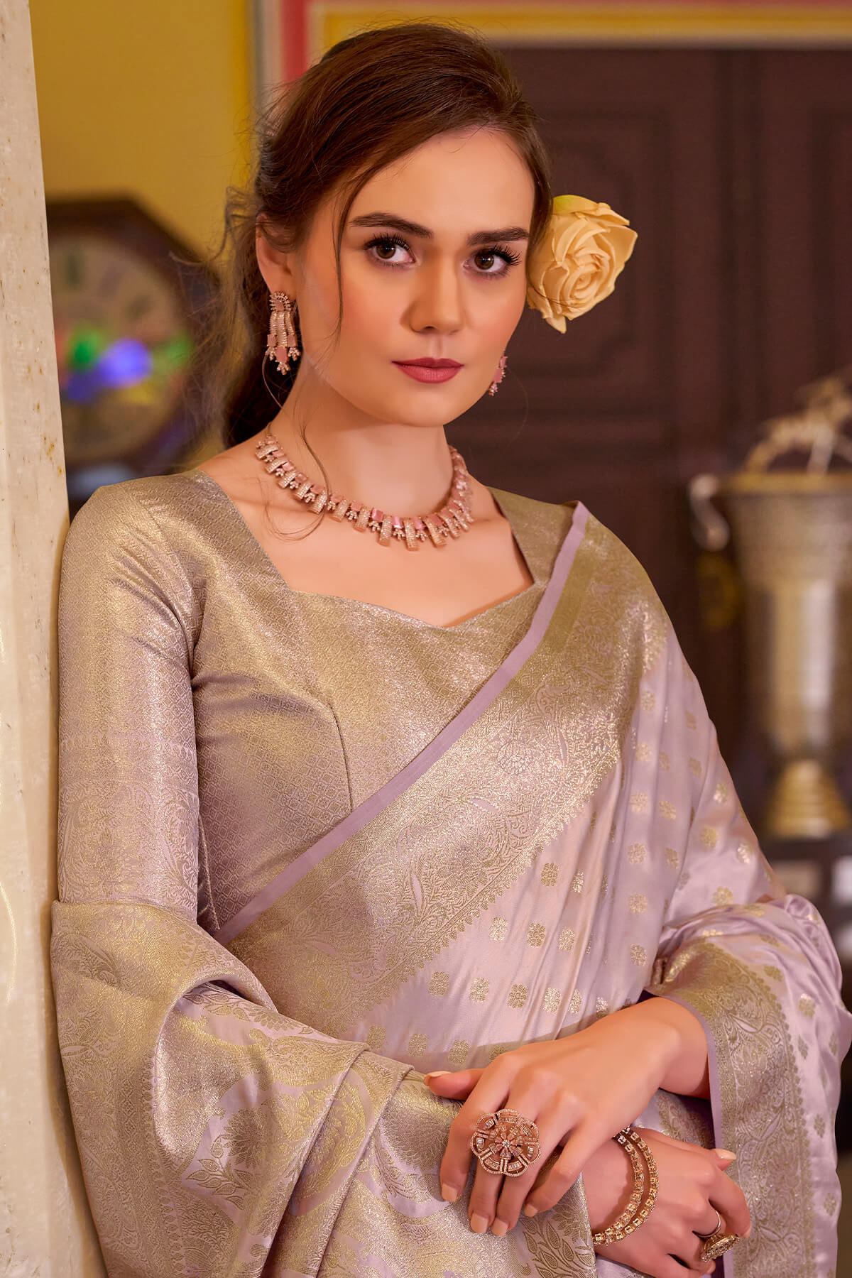 Impressive Lavender Banarasi Satin Silk Saree With Desirable Blouse - Image 3