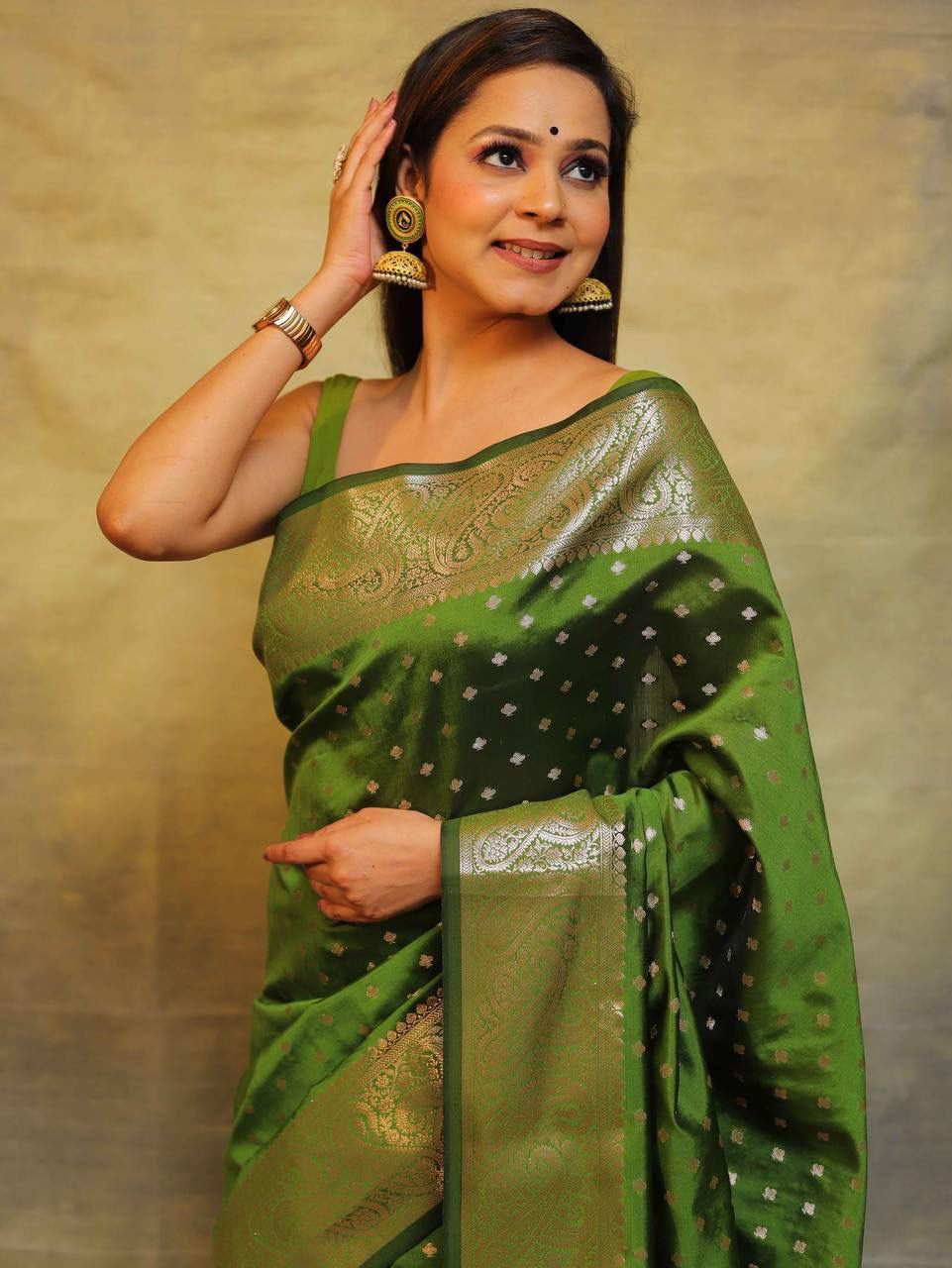 Impressive Mehndi Soft Silk Saree With Energetic Blouse Piece - Image 3